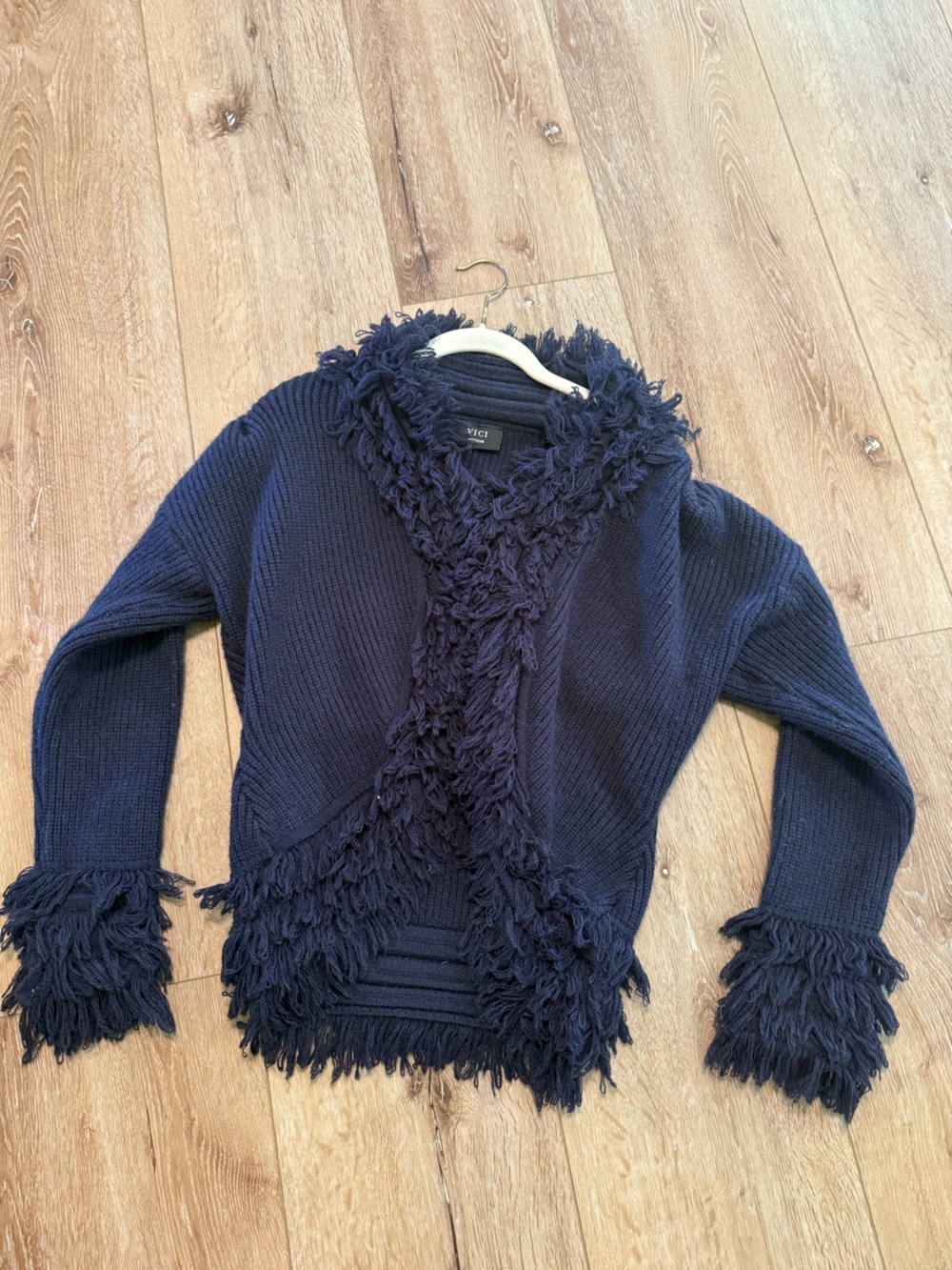 Vici Navy Fringe-Trim Knit Cardigan